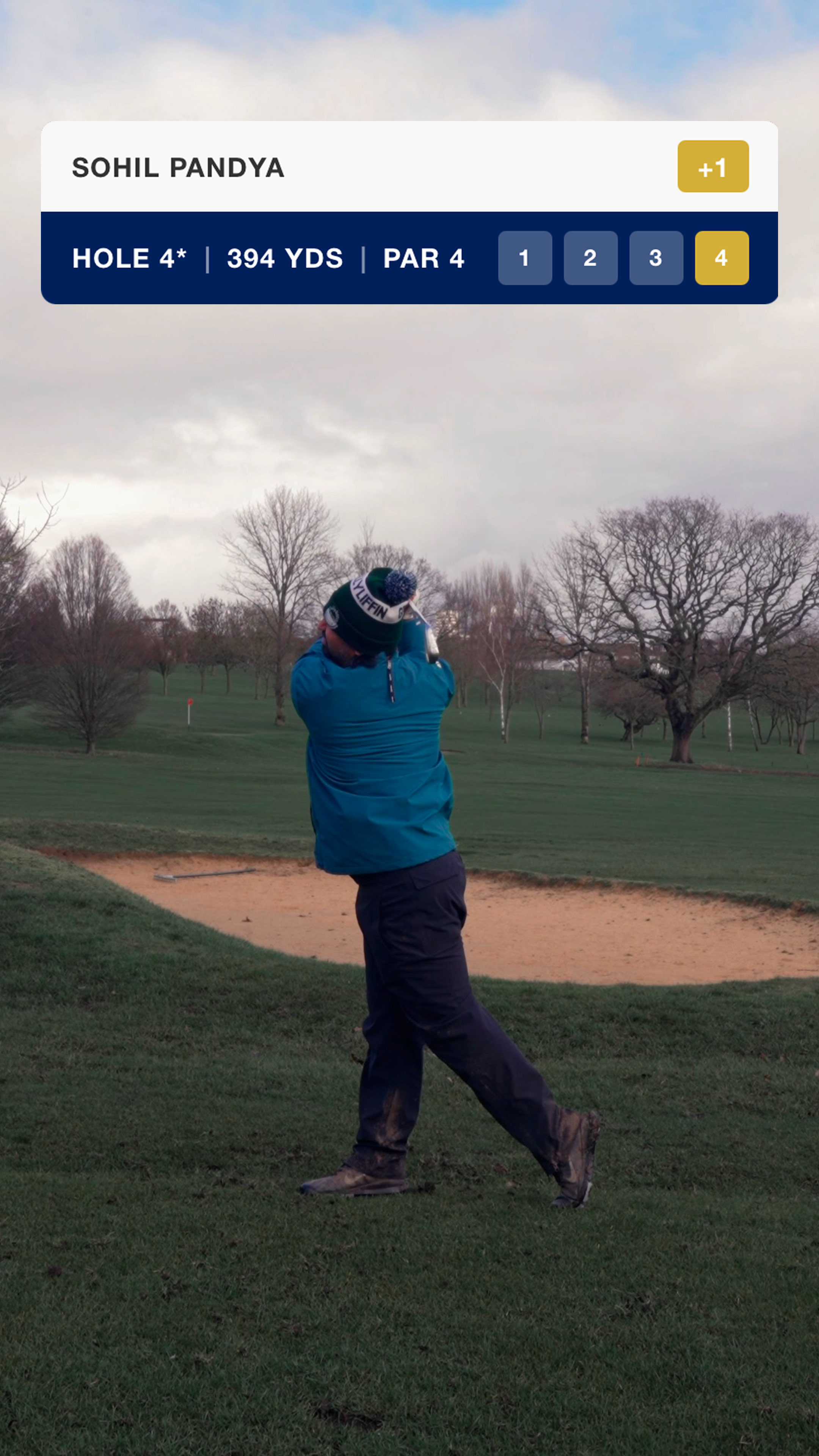 Daytime golf footage with navy and gold per-hole overlay showing hole 4