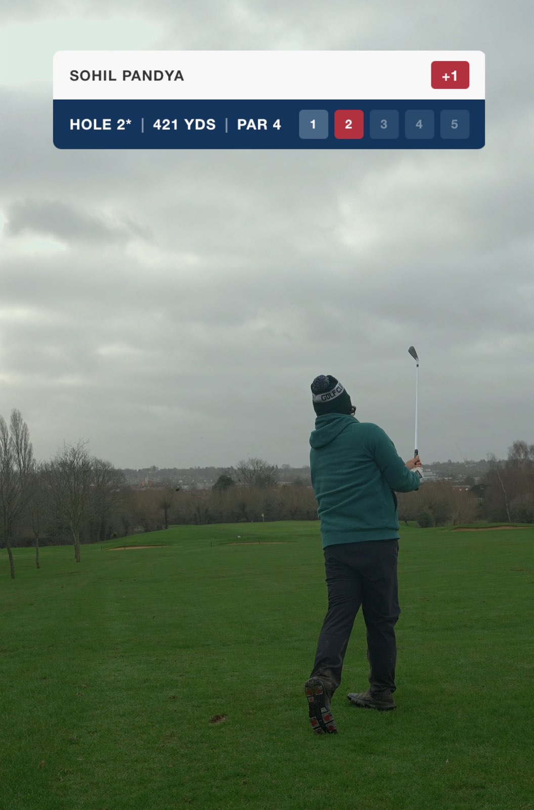 Daytime golf footage with navy and white per-hole overlay showing hole details